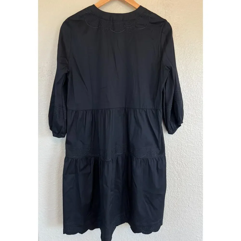 Chico's Women Black Poplin Tiered Mini Dress Black Embroidered Notch Neck 1 8/10 - Picture 3 of 6